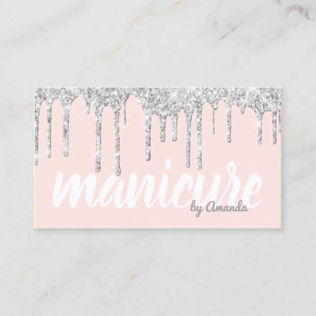 Modern pretty silver glitter drips manicure business card (Front)