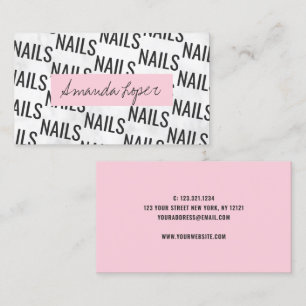 Modern pretty white marble black & pink nails business card