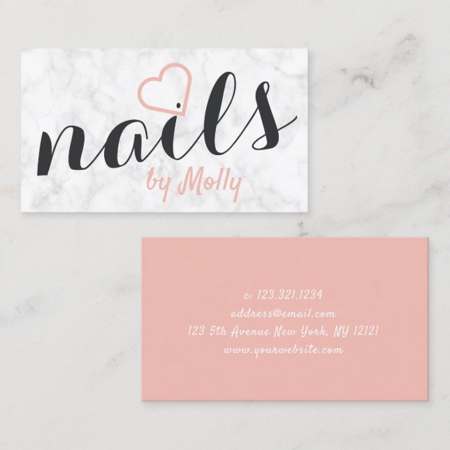 Modern pretty white marble blush pink black nails business card (Front/Back)