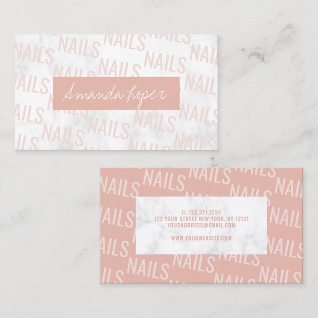 Modern pretty white marble & blush pink nails business card (Front/Back)