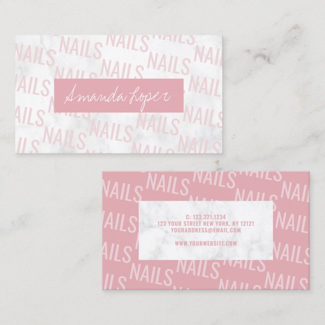Modern pretty white marble & pink nails business card (Front/Back)