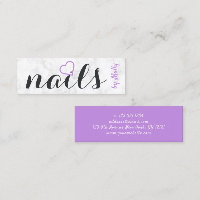 Modern pretty white marble purple black nails mini business card (Front/Back)