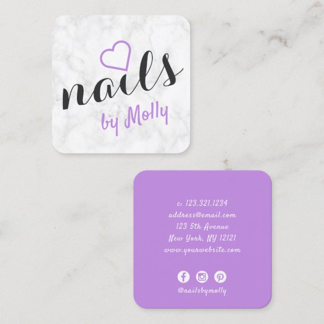 Modern pretty white marble purple black nails square business card (Front/Back)