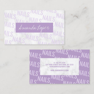 Modern pretty white marble & purple nails business card