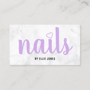 Modern pretty white marble & purple nails business card