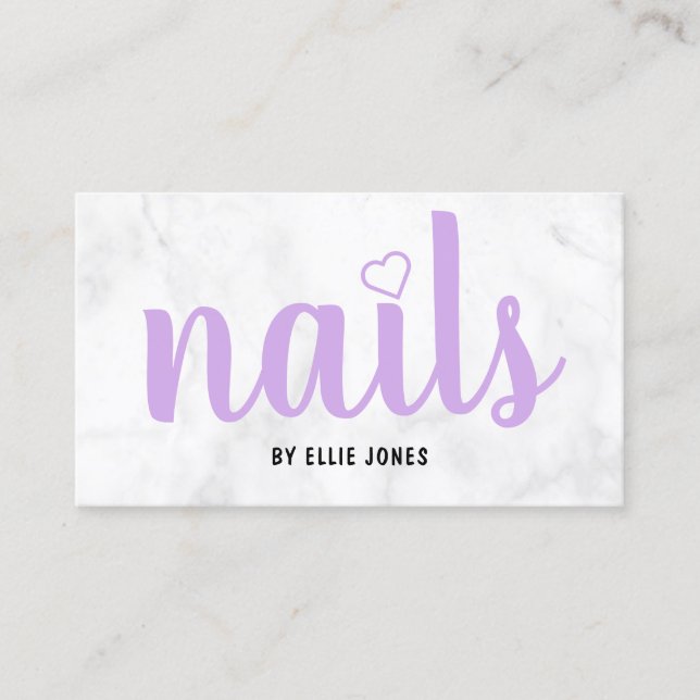 Modern pretty white marble & purple nails business card (Front)
