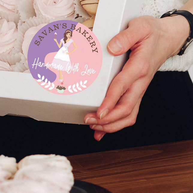 Modern Pretty Woman Sweet Bakery Made With Love Classic Round Sticker (Creator Uploaded)