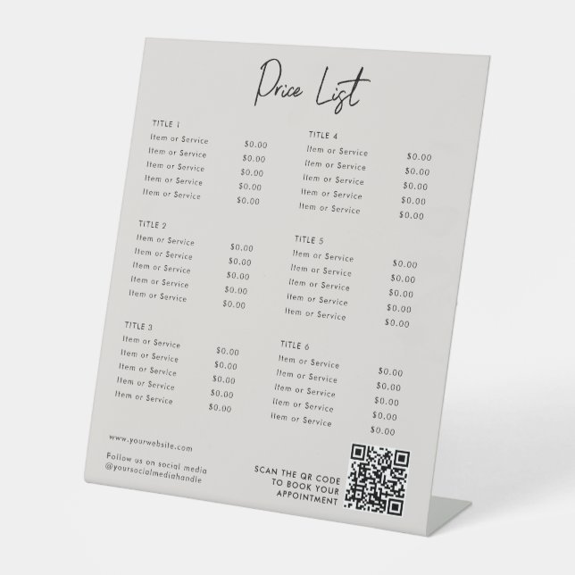 Modern Price List Menu QR Code Social Media  Pedestal Sign (Front)
