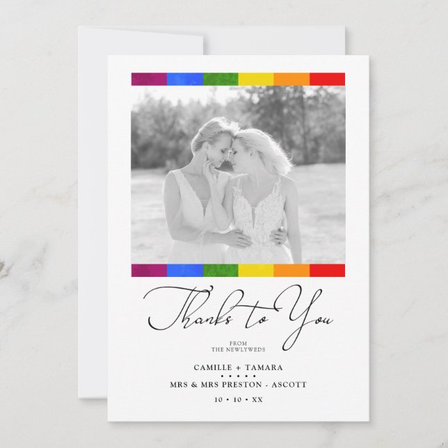 Modern Pride Rainbow Flag Lesbian Gay Wedding Thank You Card (Front)