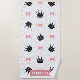Modern Princess Crown & pink Bows Beach Towel