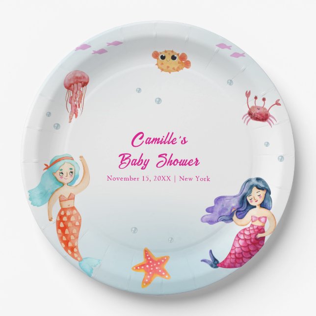 Modern Princess Mermaid Ocean Coral Baby Shower  Paper Plate (Front)