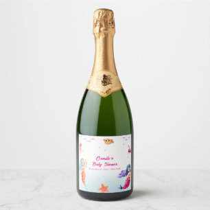 Modern Princess Mermaid Ocean Coral Baby Shower  Sparkling Wine Label