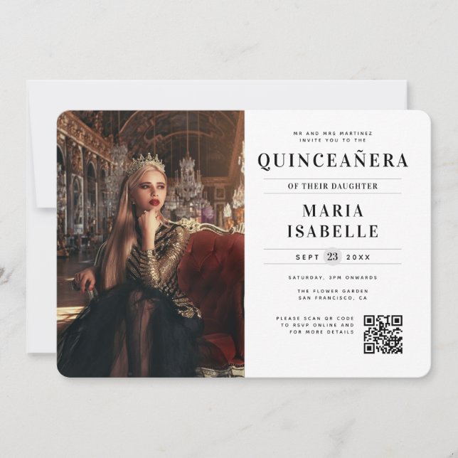Modern Princess Photo QR Code Quinceañera Invitation (Front)