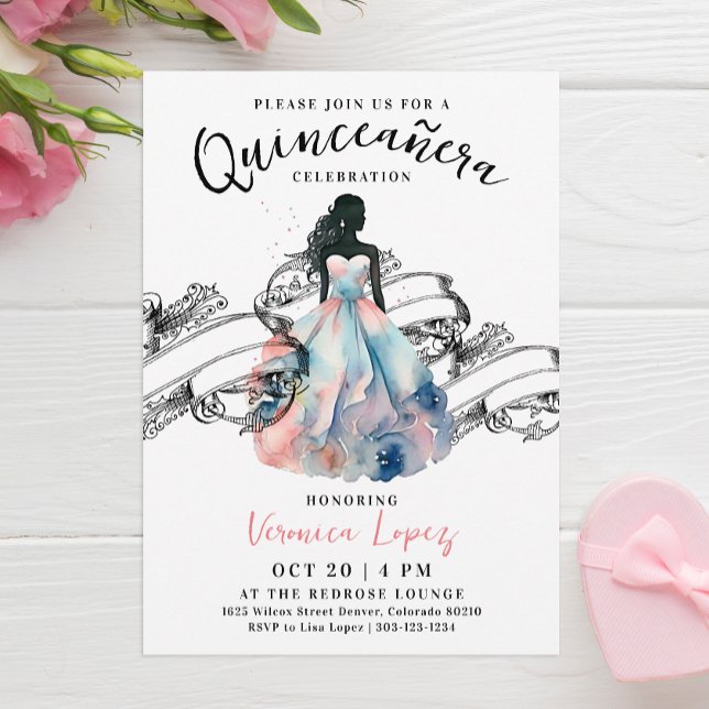 Modern Princess Pink 15th Quinceañera Watercolor Invitation (Creator Uploaded)