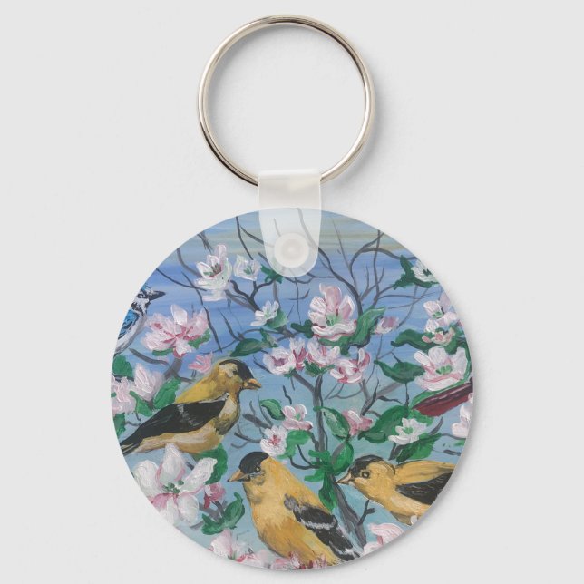 Modern Print yellow finch Floral Design Key Ring (Front)