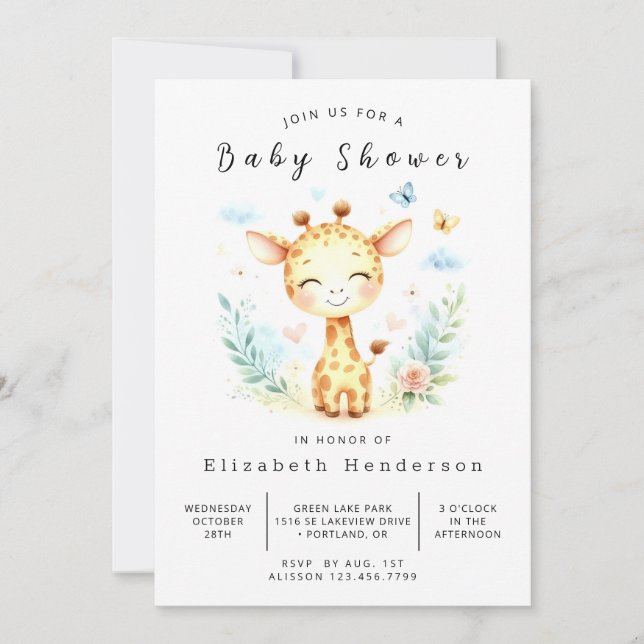 Modern Printable Giraffe Baby Shower Invitation (Front)