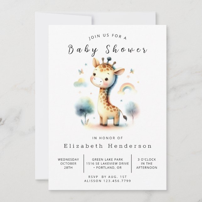 Modern Printable Giraffe Baby Shower Invitation (Front)
