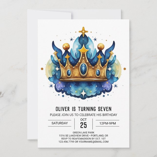 Modern Printable Prince Crown Birthday Invitation (Front)