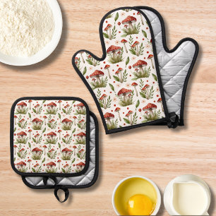 Modern Printed Colourful Floral Mushroom Oven Mitt & Pot Holder Set