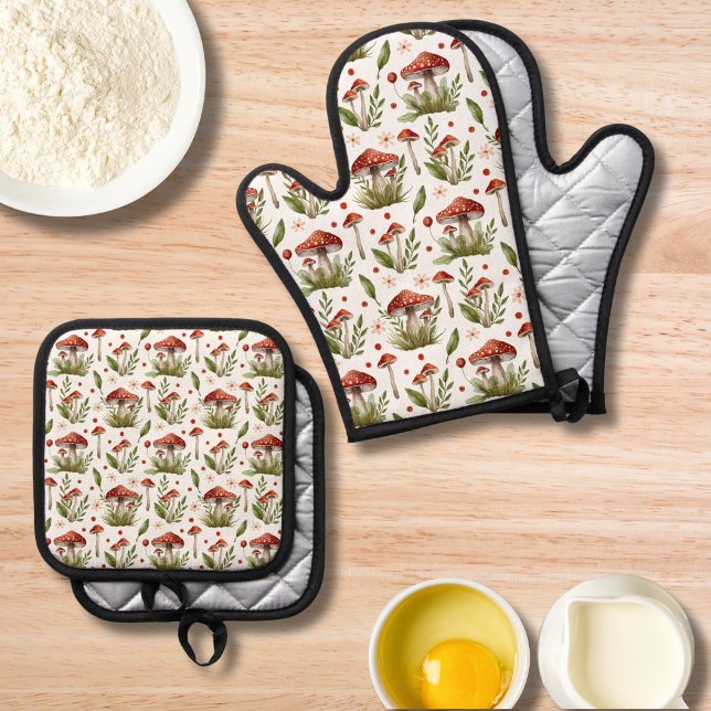 Modern Printed Colourful Floral Mushroom Oven Mitt & Pot Holder Set (Creator Uploaded)