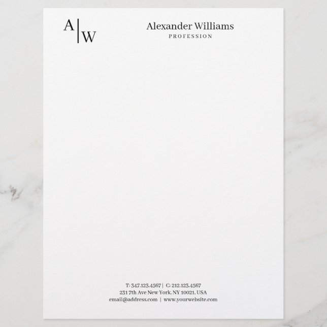 Modern Professional 2 Monogram Minimalist Black Custom Letterhead (Front)