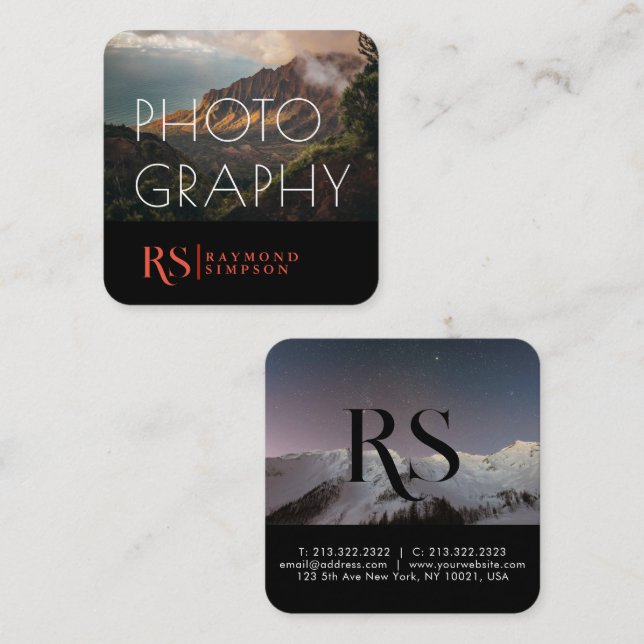 Modern Professional 2 Photos Monogram Photography Square Business Card (Front/Back)