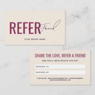 Modern professional beige red refer a friend referral card