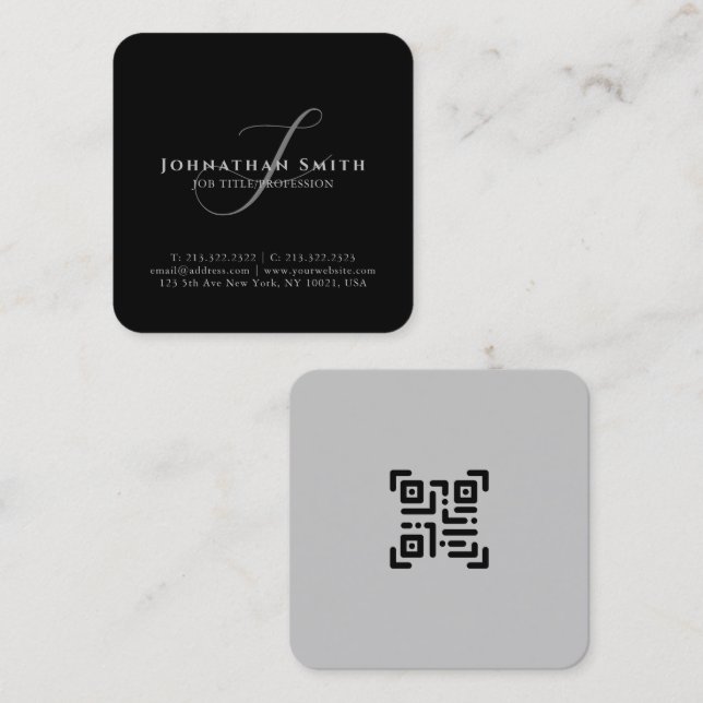 Modern Professional Black and White Monogrammed Square Business Card (Front/Back)