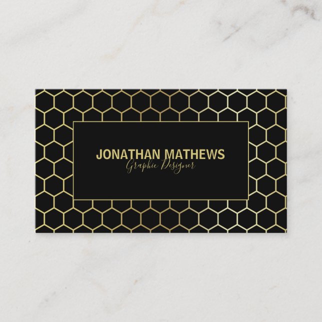 Modern Professional Black Gold Hexagon Geometry Business Card (Front)