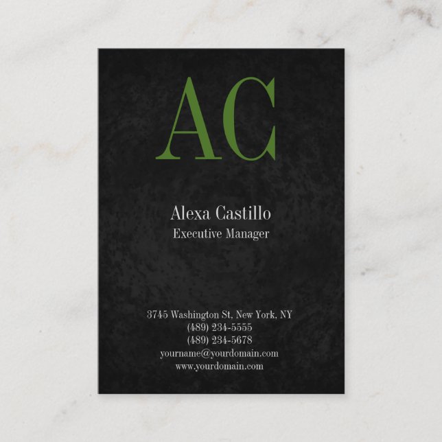 Modern professional black grey green monogram business card (Front)