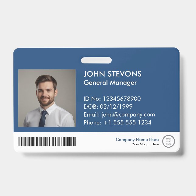Modern Professional Blue Logo Staff ID QR Code Badge (Front)