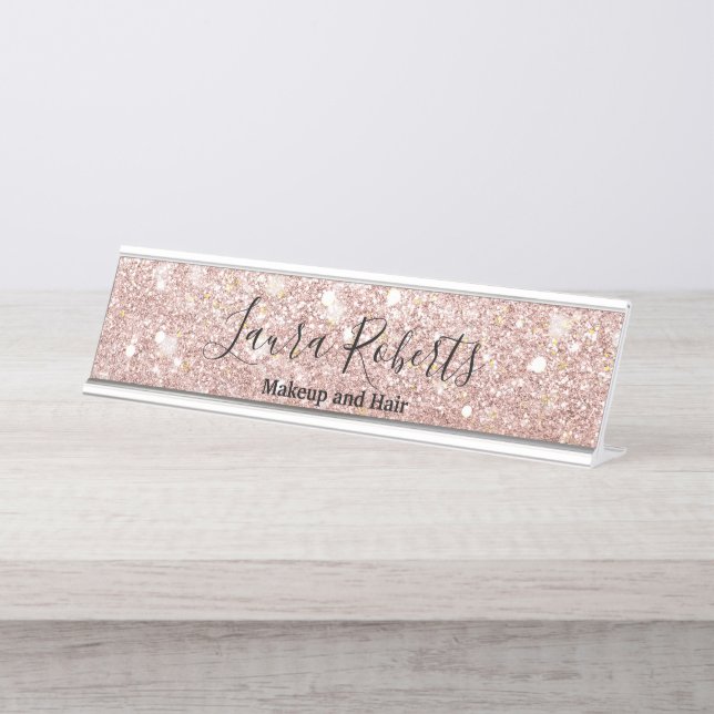 Modern Professional Blush Pink Sparkle Glitter Desk Name Plate (Front)