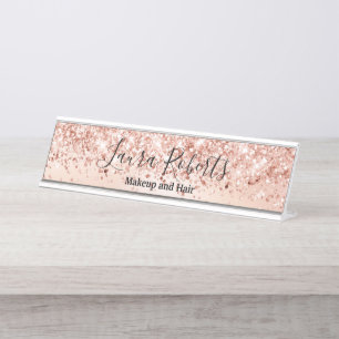 Modern Professional Blush Pink Sparkle Glitter Desk Name Plate