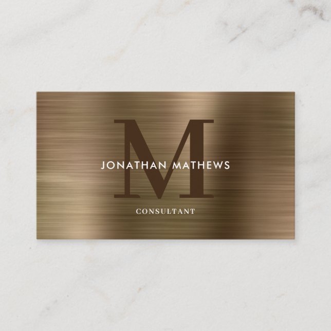 Modern Professional Brushed Metallic Gold Monogram Business Card (Front)