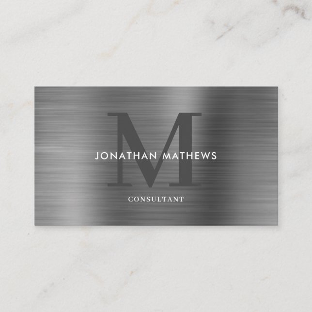 Modern Professional Brushed Metallic Grey Monogram Business Card (Front)