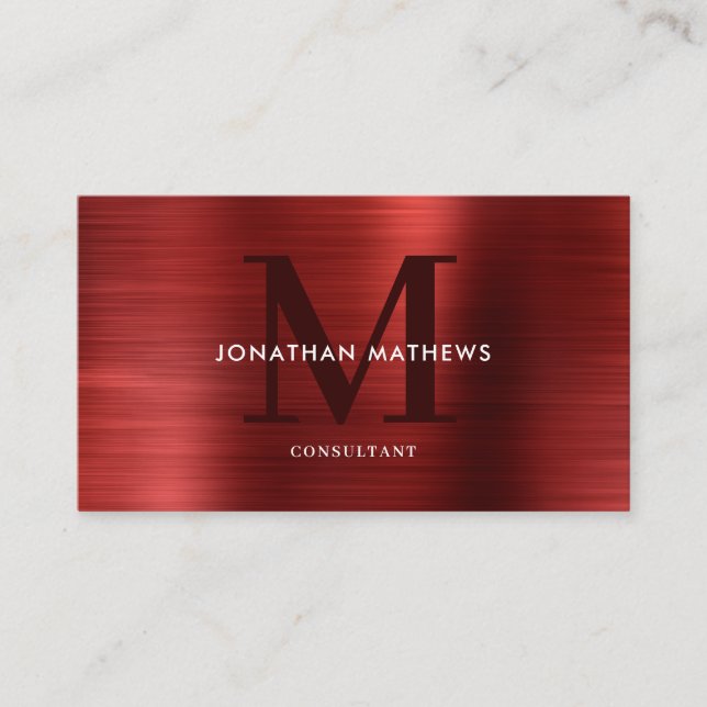 Modern Professional Brushed Metallic Red Monogram Business Card (Front)