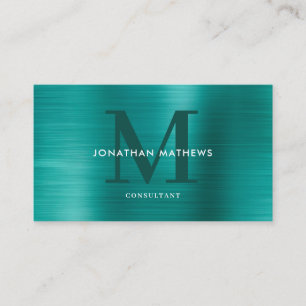 Modern Professional Brushed Metallic Teal Monogram Business Card