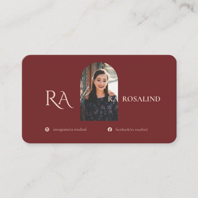 Modern Professional Burgundy Monogram Photo Business Card (Front)