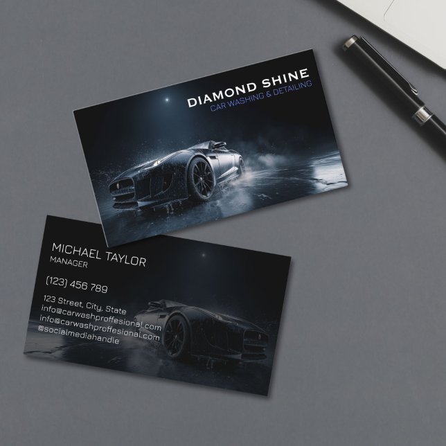Modern Professional Car Detailing Washing Cleaning Business Card (modern luxury black sports car in the splash of water and soap foam for car detailing business)