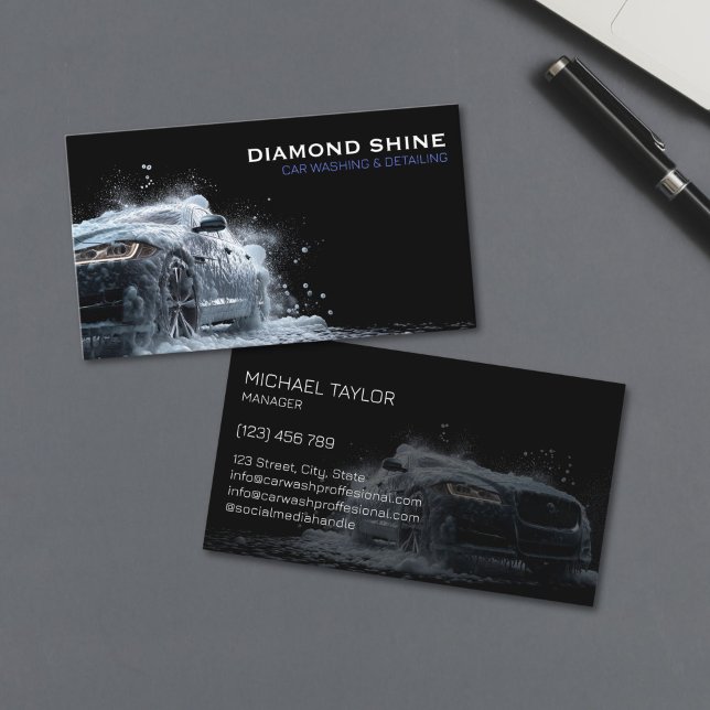 Modern Professional Car Detailing Washing Cleaning Business Card (modern luxury black sports car in the splash of water and soap foam for car detailing business)