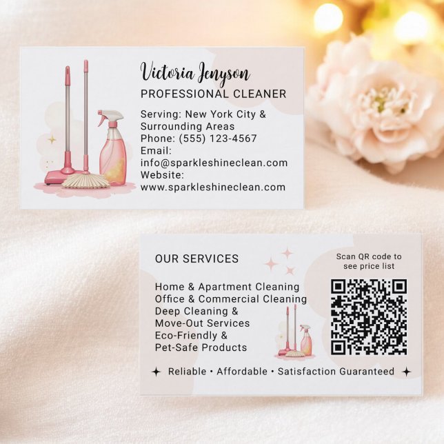 Modern Professional Cleaner Housekeeping Qr Code Business Card (Modern Professional Cleaner Housekeeping Qr Code Business Card)