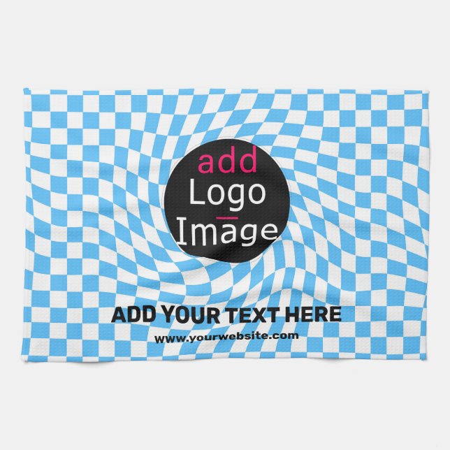 Modern Professional Custom Business Chequered Blue Tea Towel (Horizontal)