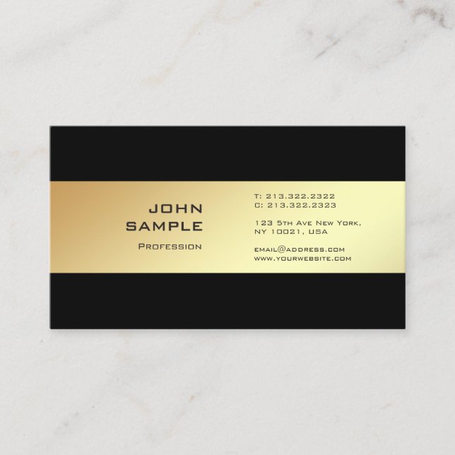 Modern Professional Elegant Plain Gold Look Black Business Card (Front)