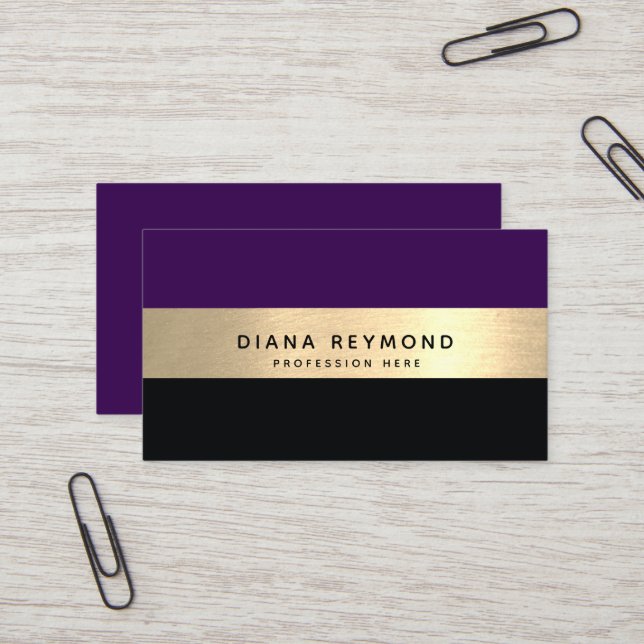 Modern Professional faux gold stripe purple black Business Card (Front/Back In Situ)