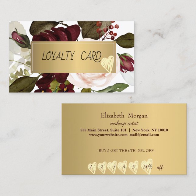 Modern Professional Frame,Heart,Burgundy Flowers Loyalty Card (Front/Back)