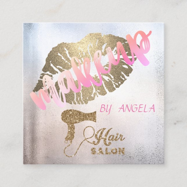 Modern Professional Glitter Lips,Hairdryer Square Business Card (Front)
