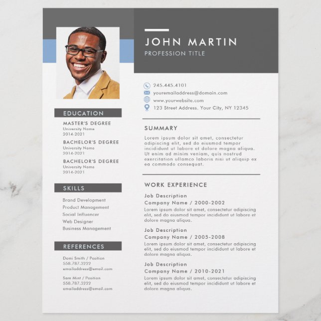 Modern Professional Grey & Blue Job Resume Photo  Flyer (Front)