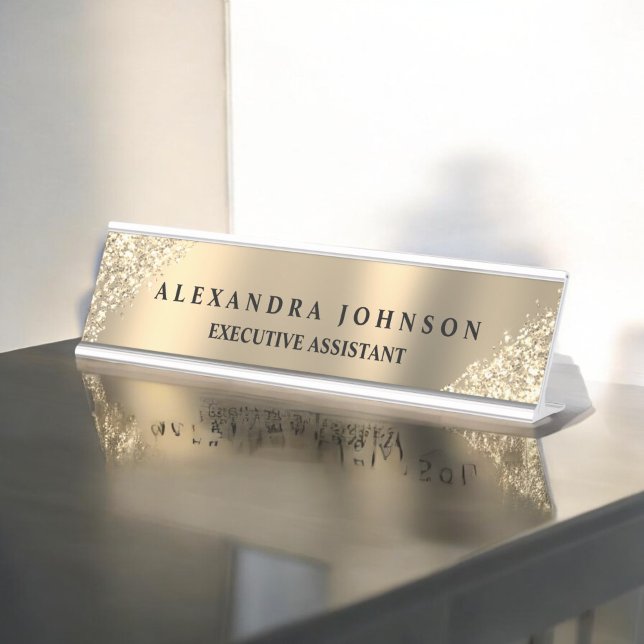 Modern Professional Luxury Gold Sparkle Glitter Desk Name Plate (Creator Uploaded)