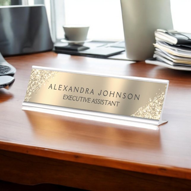 Modern Professional Luxury Gold Sparkle Glitter Desk Name Plate (Creator Uploaded)