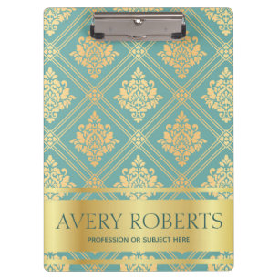 Modern Professional Metallic Floral cyan gold Clipboard